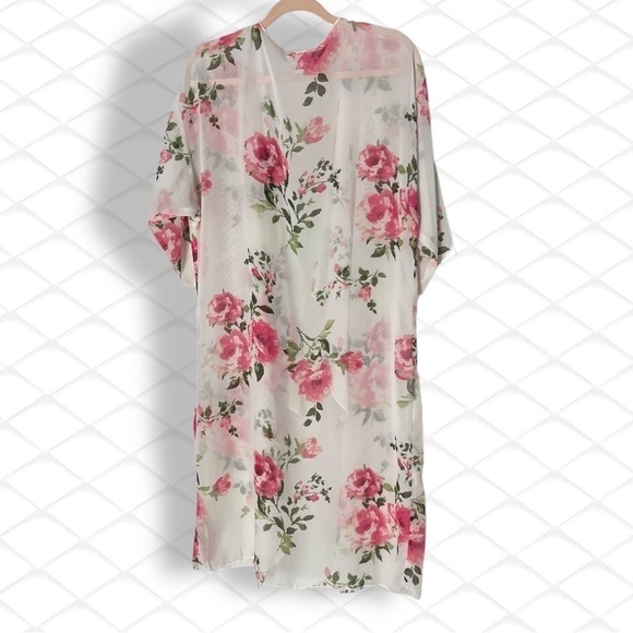 𝅺lularoe Rare off White Coral Pink Roses  Kimono Fits Sizes 10-18 (Med)Cover Up - Picture 6 of 9